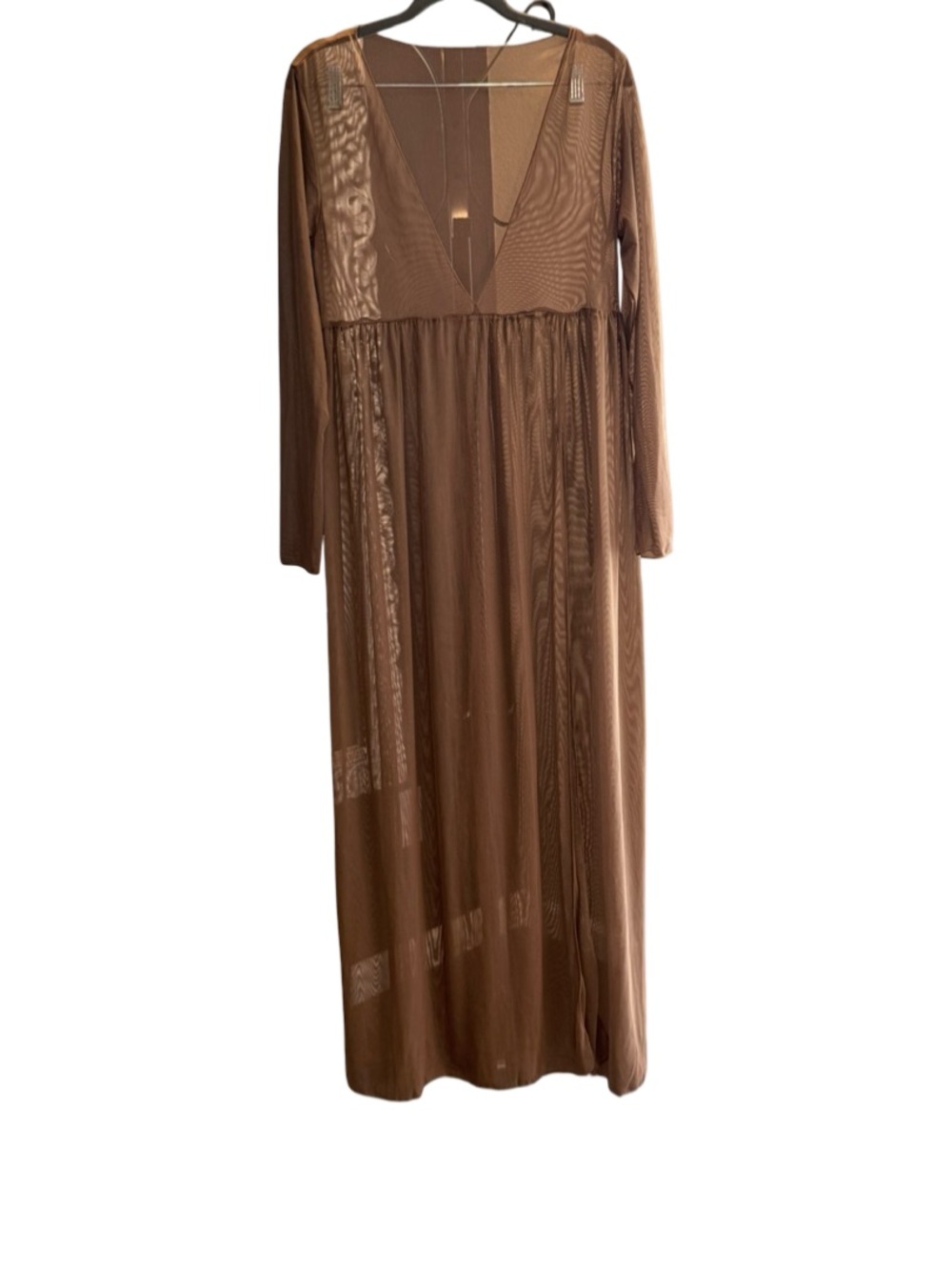 Sheer Nude Mesh Maxi Dress with Deep V and Layered Skirt - Picture 4 of 9